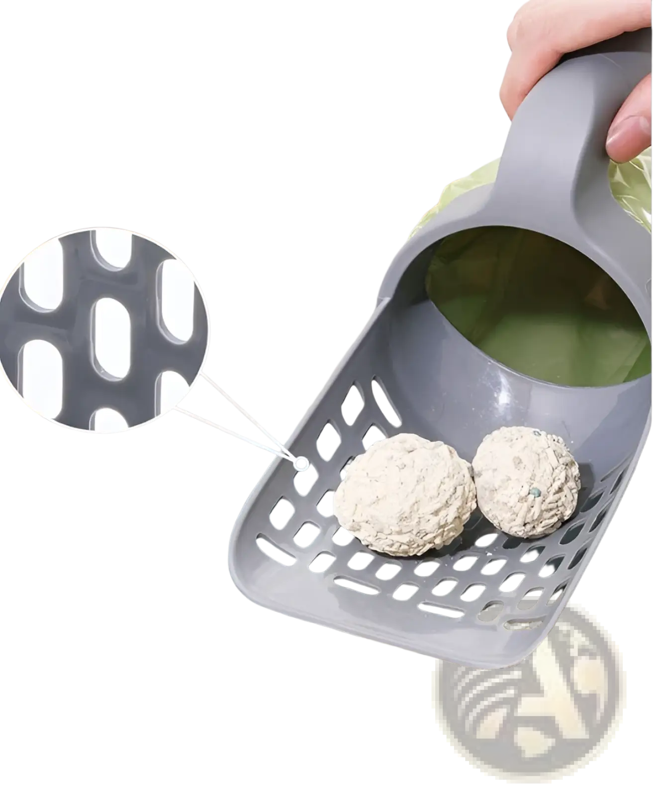 Gray plastic cat litter scoop with integrated bag dispenser and perforated sides holding two clumping pellets