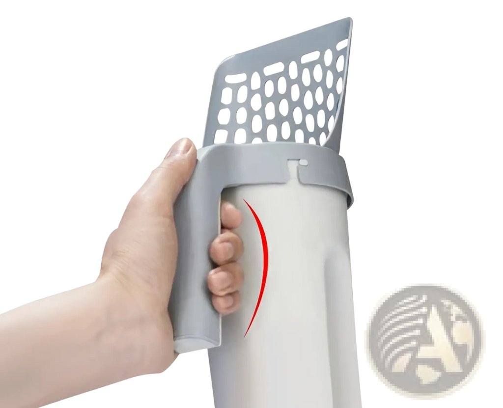Gray plastic cat litter scoop with perforated head and ergonomic handle featuring integrated bag dispenser