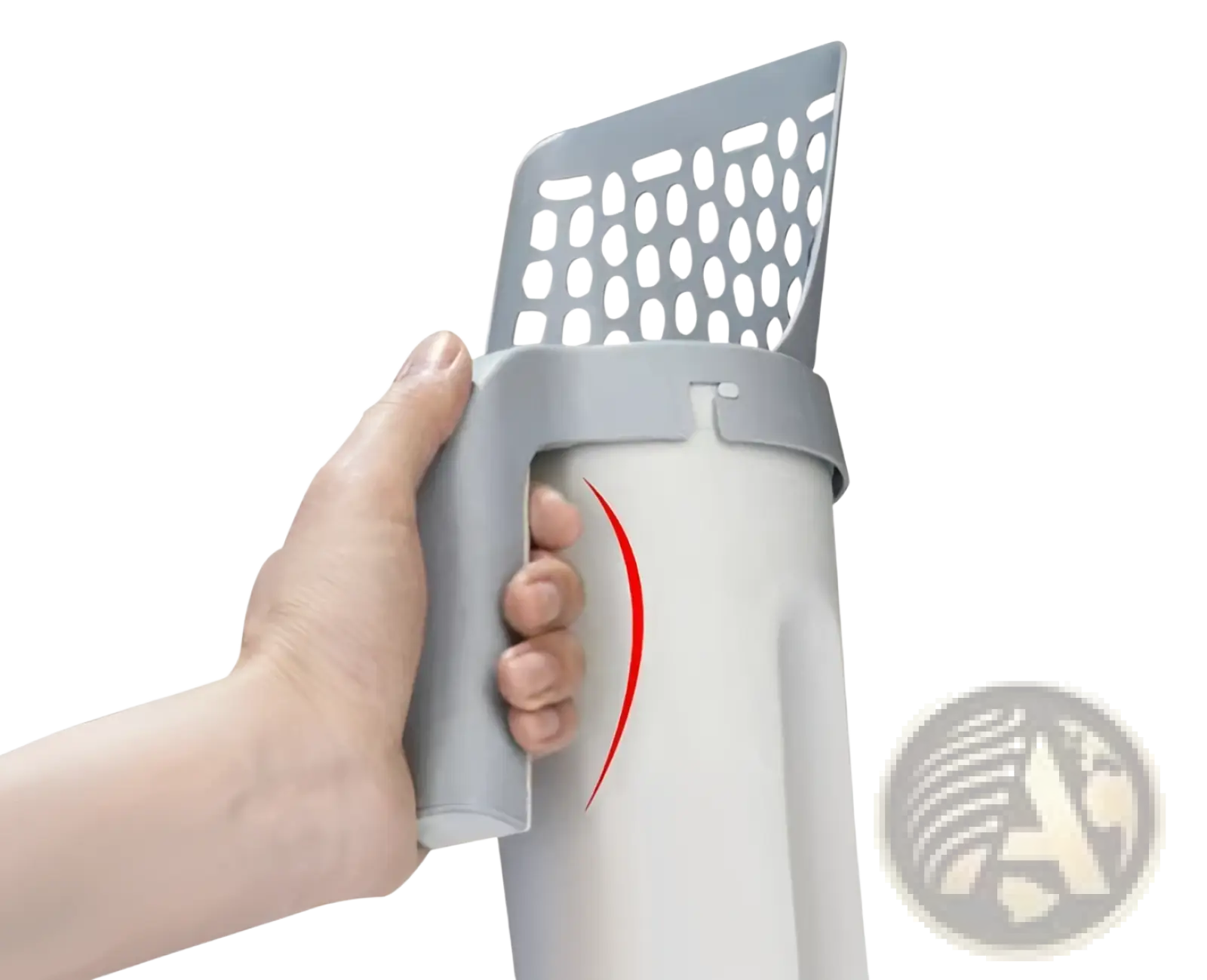 Gray plastic cat litter scoop with perforated head and ergonomic handle featuring integrated bag dispenser