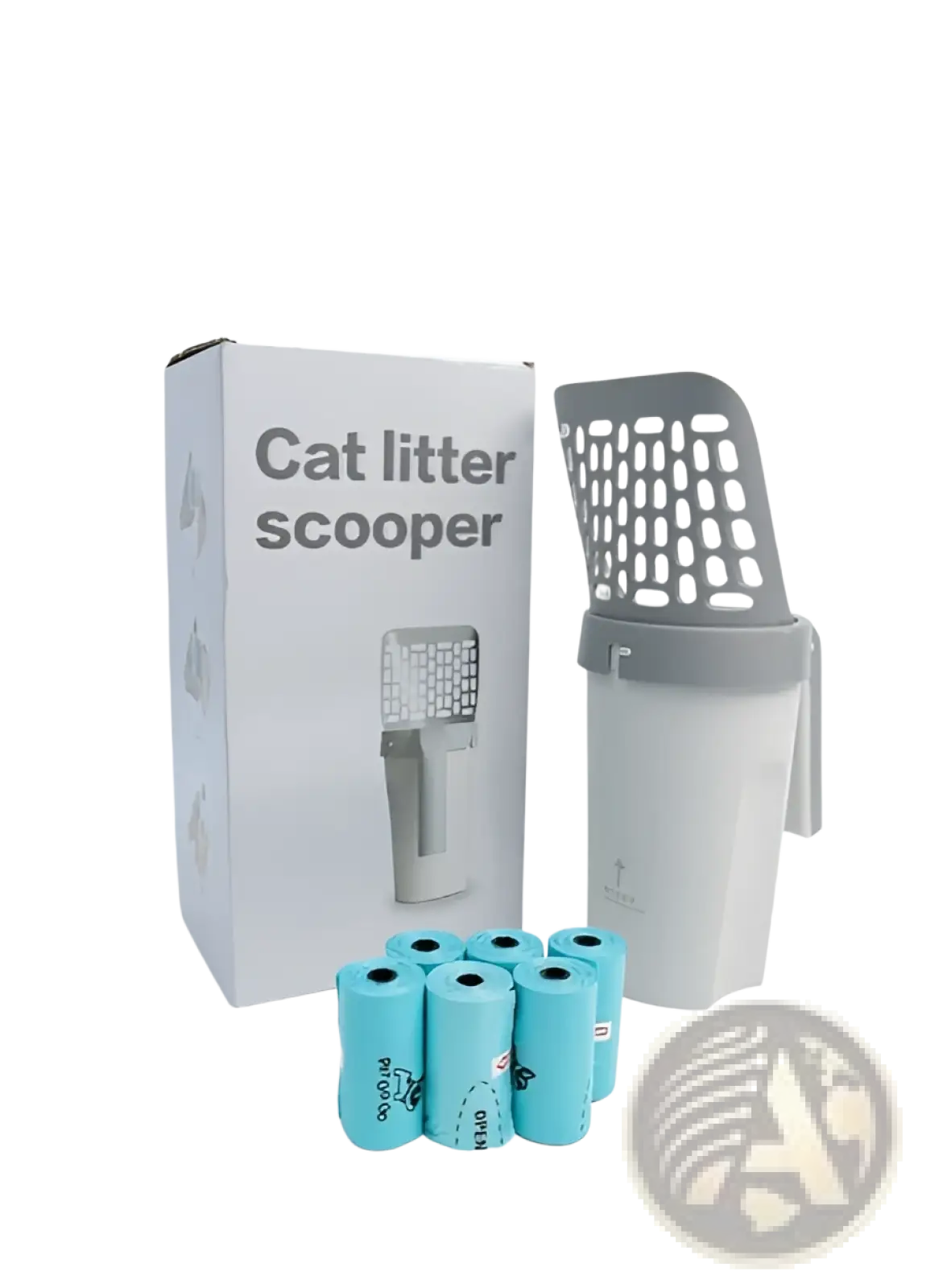 Gray plastic cat litter scoop with perforated handle and integrated waste container for easy litter cleaning