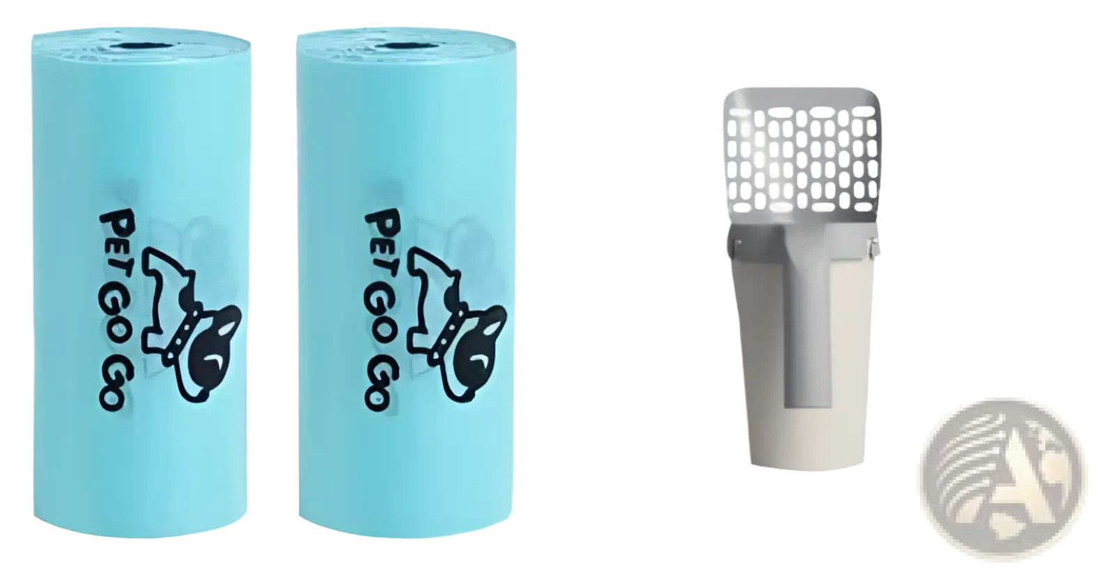 Light blue pet waste bags with black pet go go branding and cartoon dog graphic for cat litter scoop dispenser