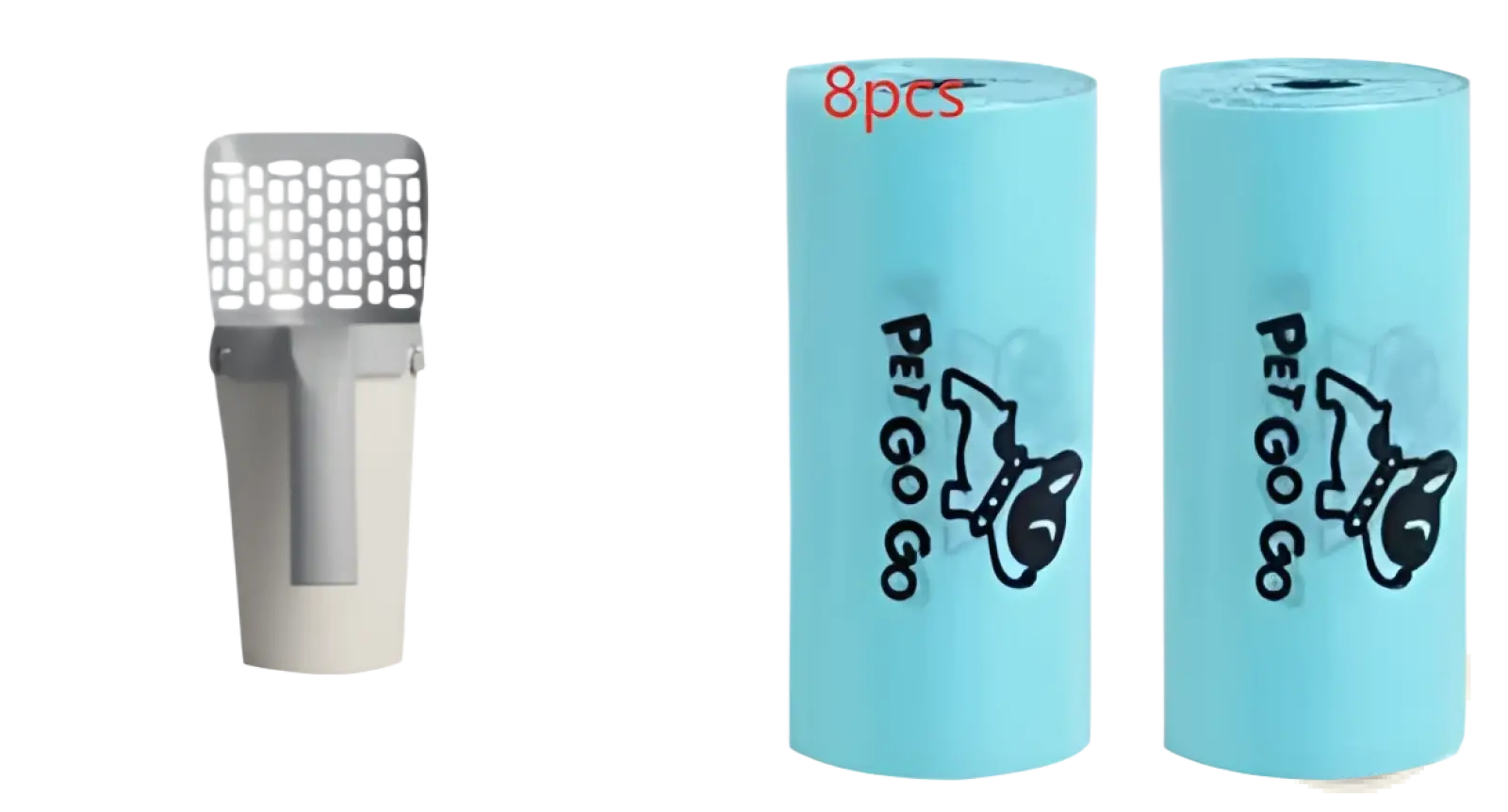 Light blue cat litter scoop with integrated bag dispenser featuring black cartoon cat logo and 8pcs text in red