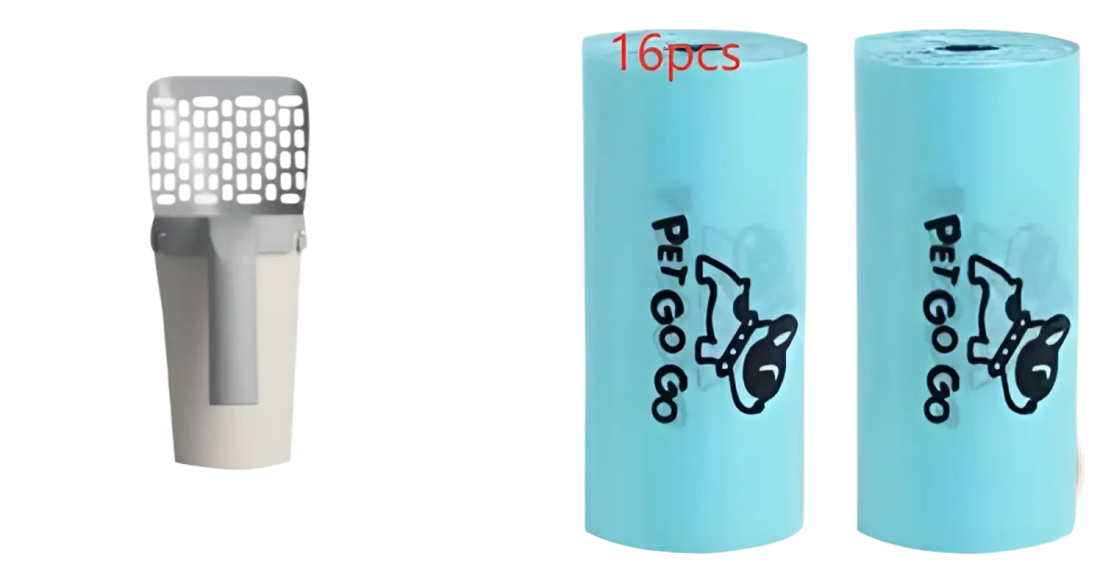 Light blue plastic pet waste bags with black pet go go branding and cartoon dog logo for cat litter scoop dispenser