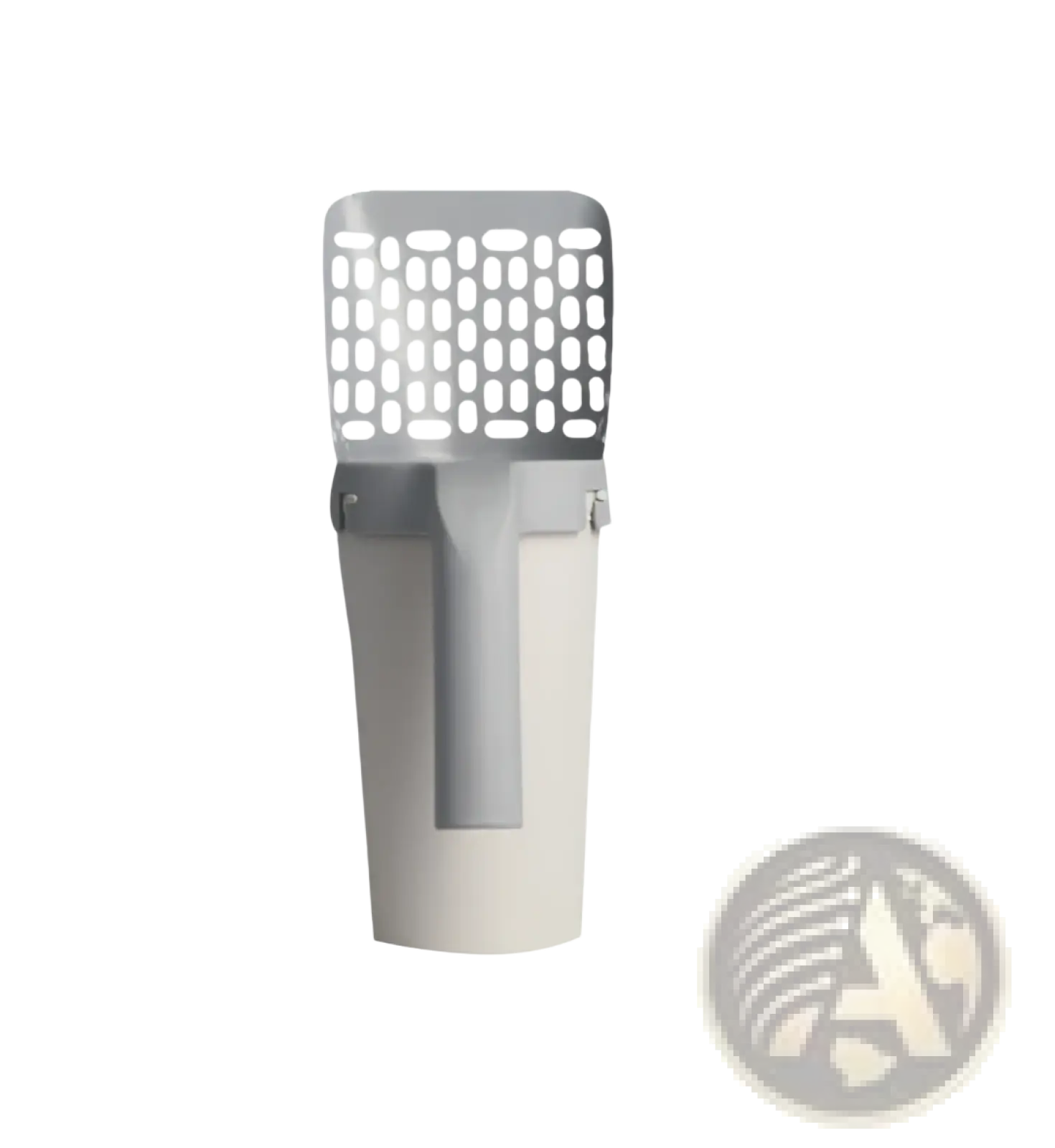 Gray plastic cat litter scoop with perforated metal head and integrated handle for bag dispensing and cleaning