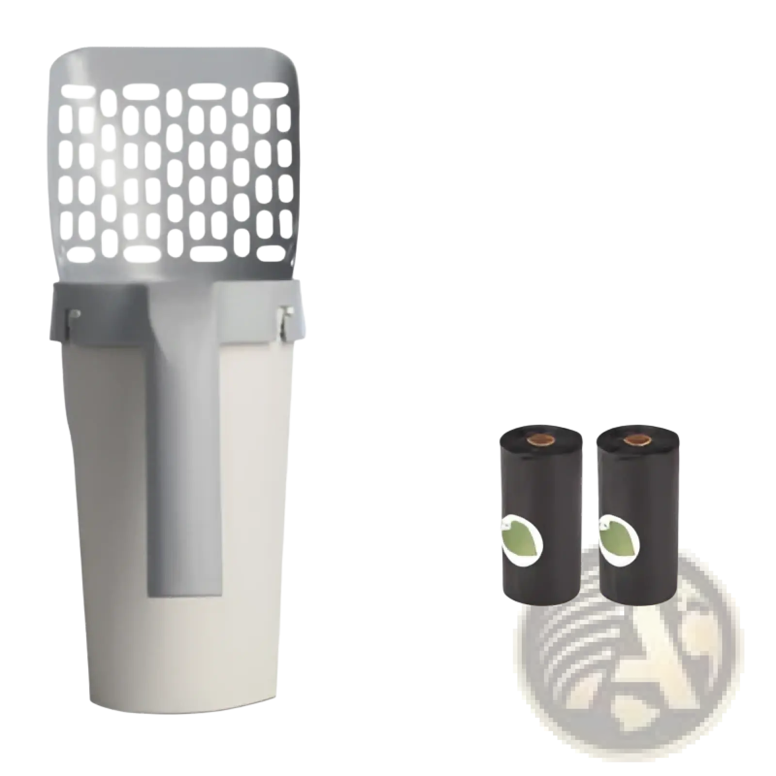 Gray and white cat litter scoop with integrated bag dispenser and perforated top for easy cleaning and waste removal