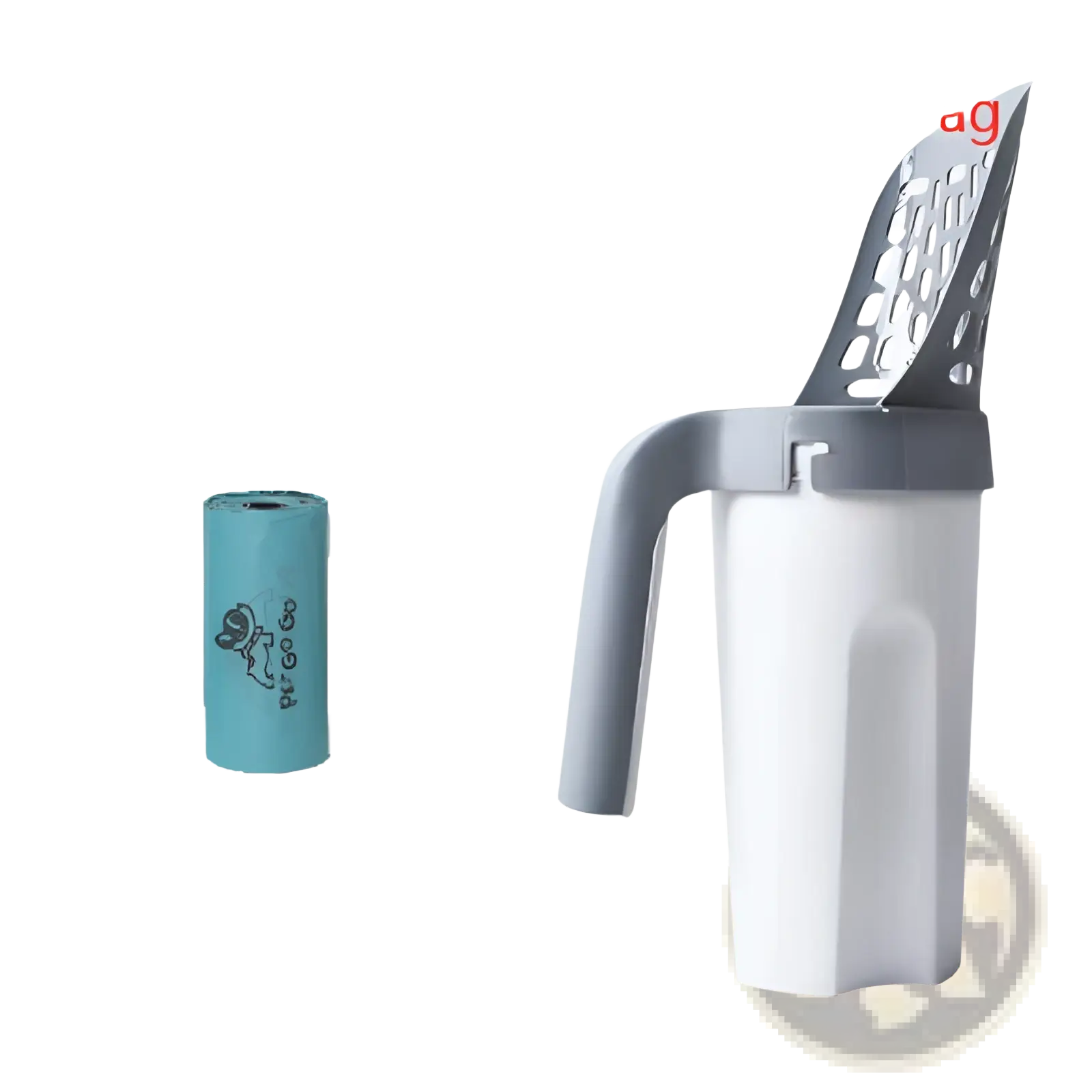 Gray and white plastic cat litter scoop with perforated scoop and handle with integrated bag dispenser and teal bag rolls