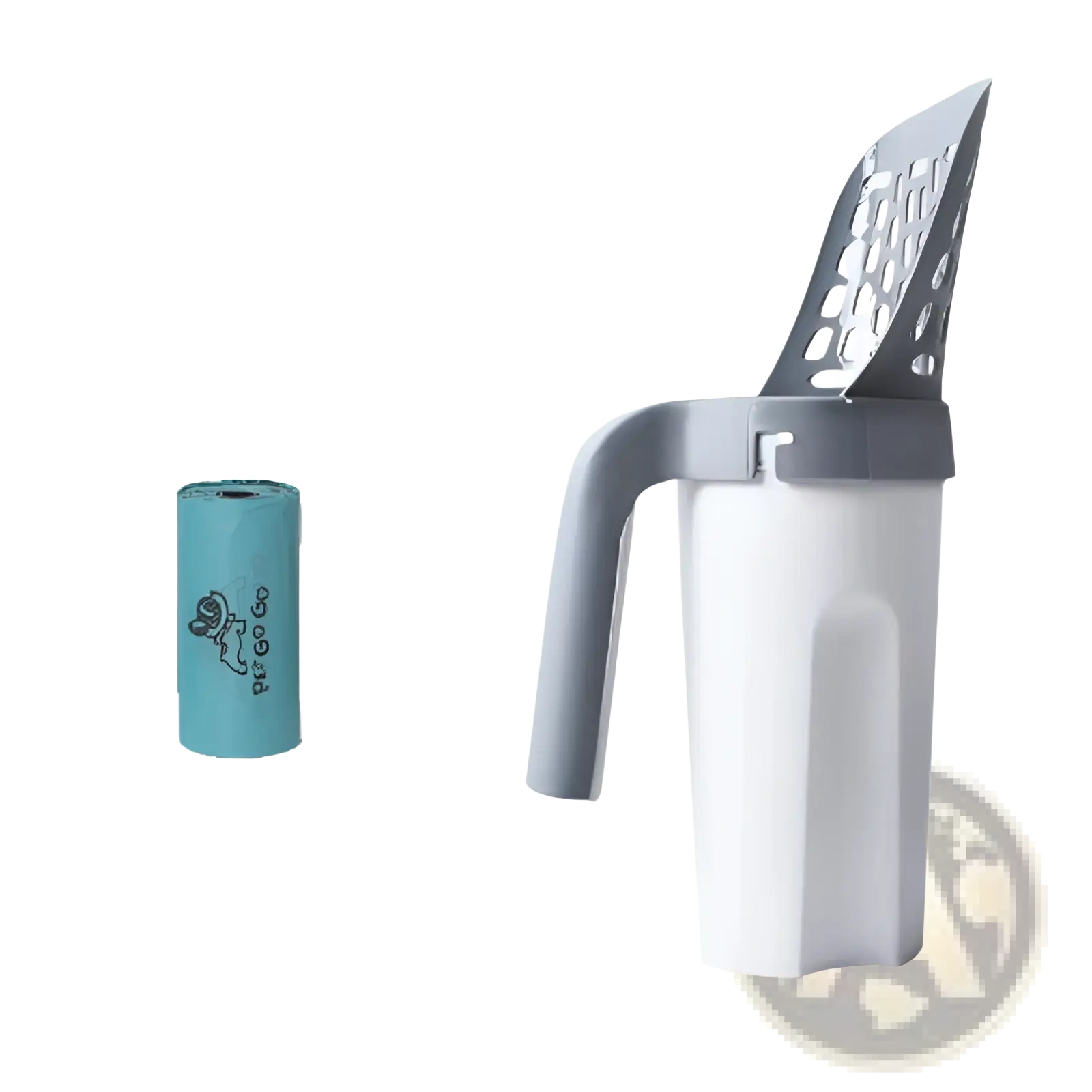 White and gray plastic cat litter scoop with perforated scoop and integrated bag dispenser for easy waste removal