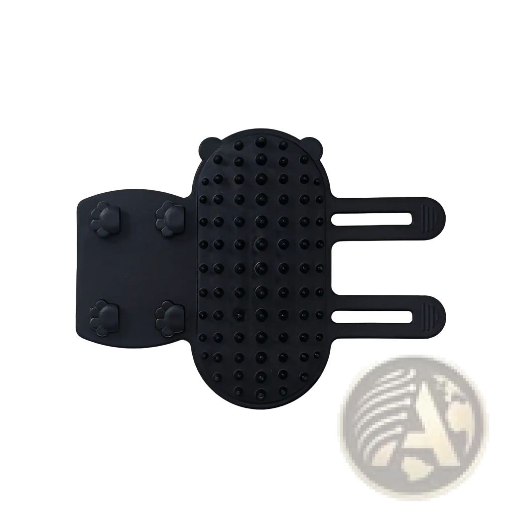 Black silicone cat massage comb with bear-shaped design and textured bristles for self grooming and pet massage