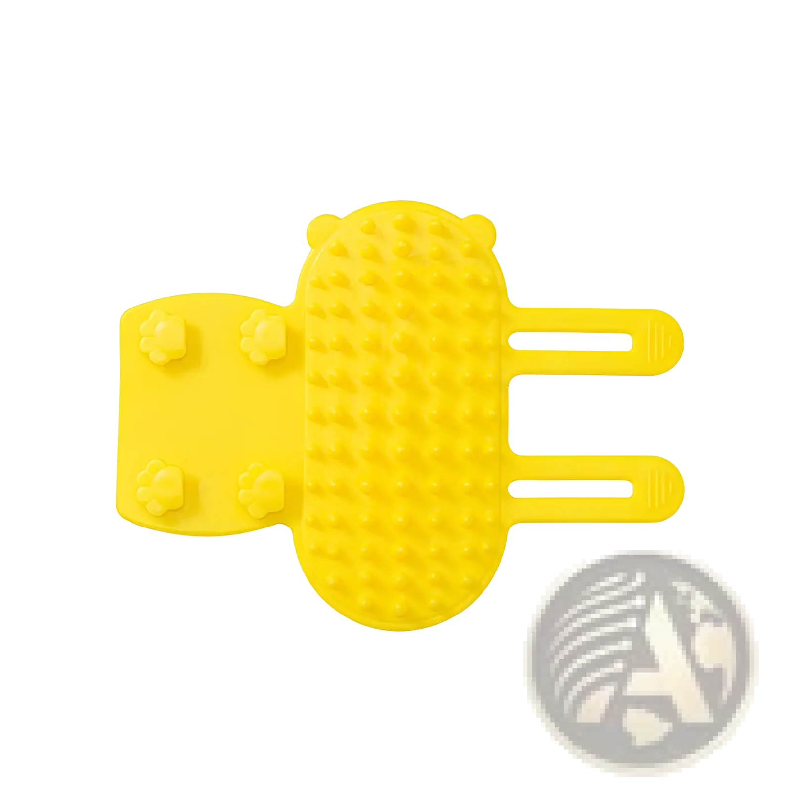 Bright yellow silicone cat massage comb with bear shape textured bristles and paw print details for self grooming