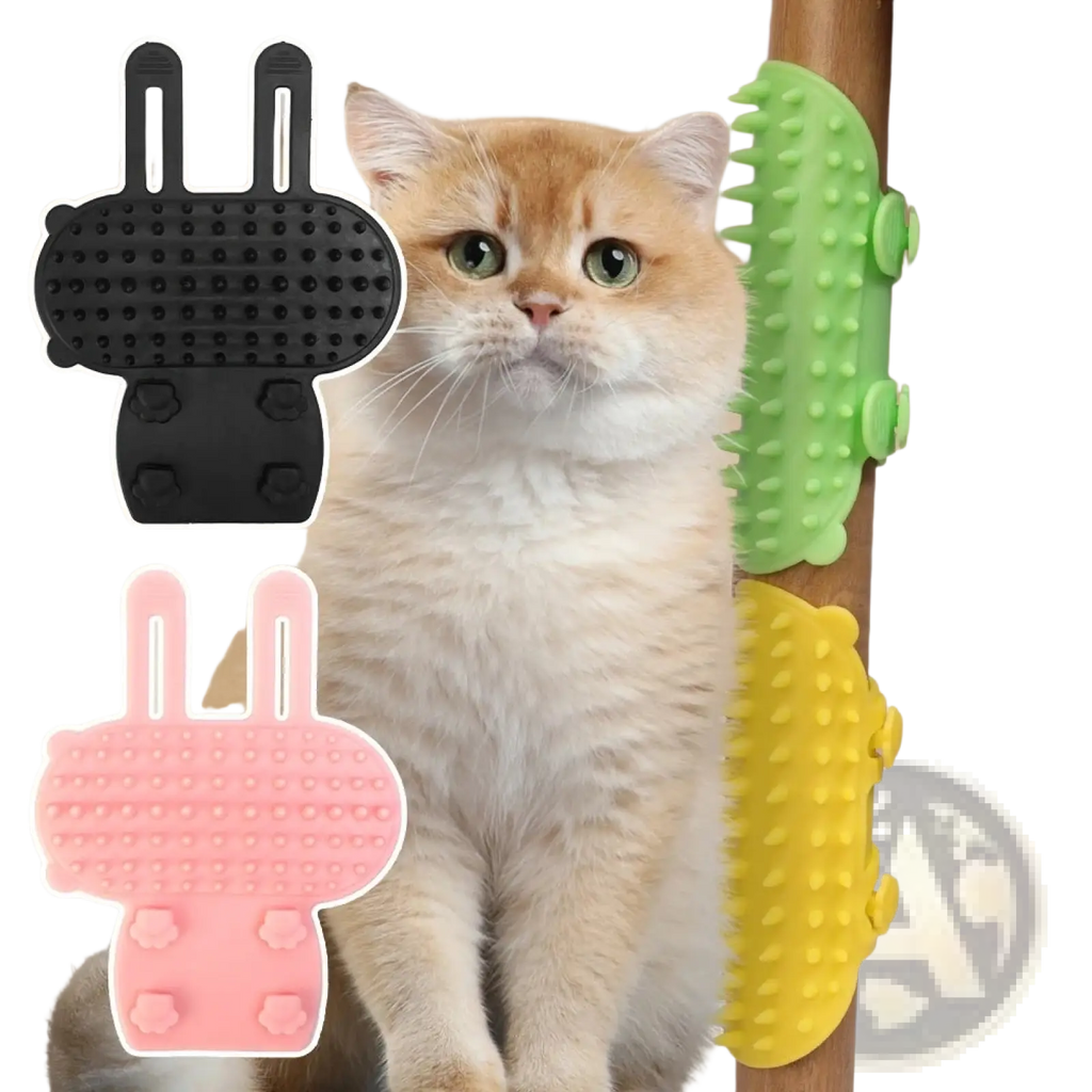 Black and pink silicone rabbit-shaped cat massage comb with textured bristles for self grooming and pet massage