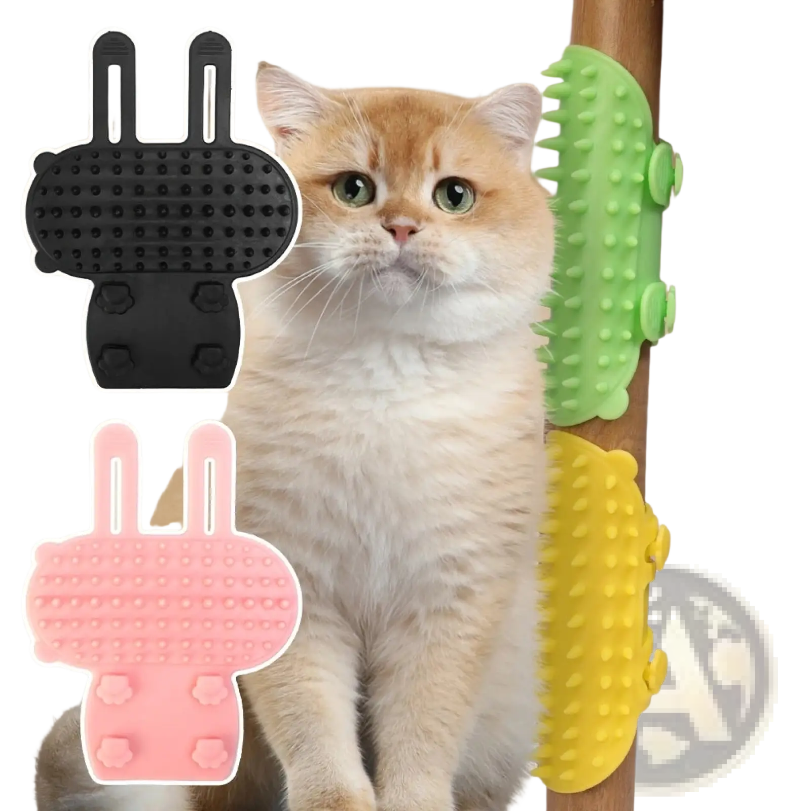 Black and pink silicone rabbit-shaped cat massage comb with textured bristles for self grooming and pet massage