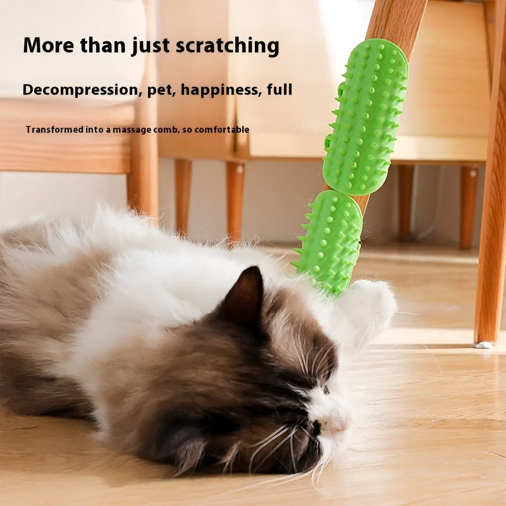 Bright green silicone cat massage comb with flexible textured bristles for self grooming and pet massage