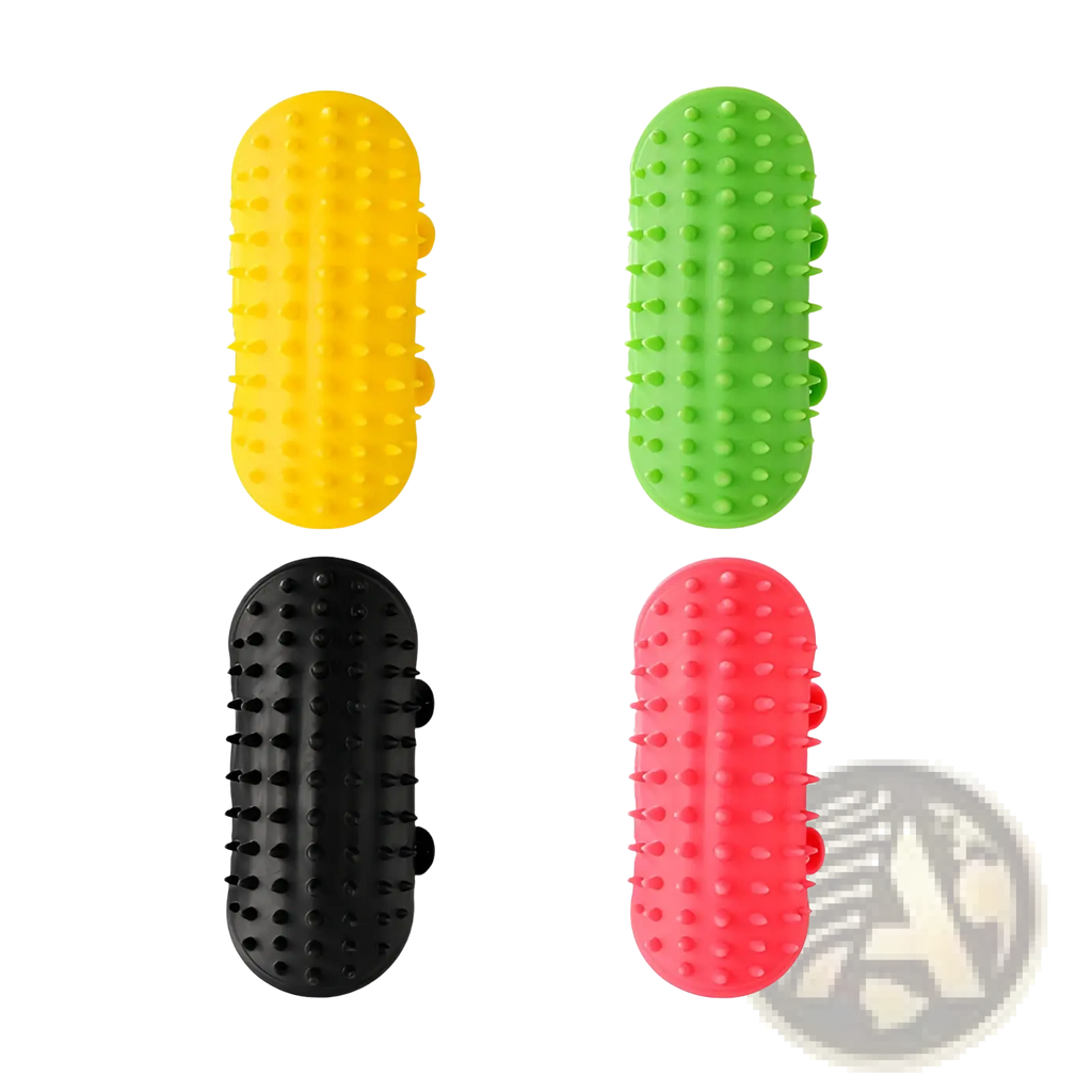 Brightly colored silicone cat massage combs in yellow green black and pink for self grooming and pet massage