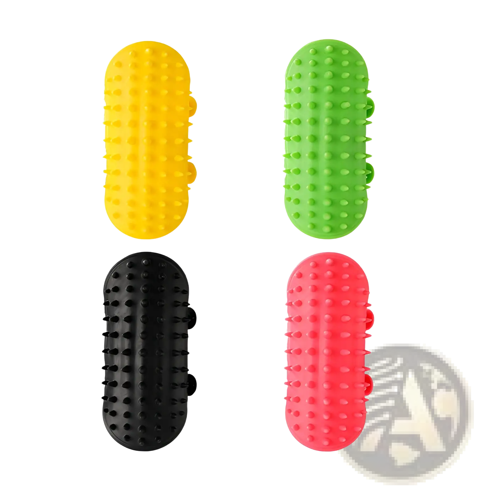 Brightly colored silicone cat massage combs in yellow green black and pink for self grooming and pet massage