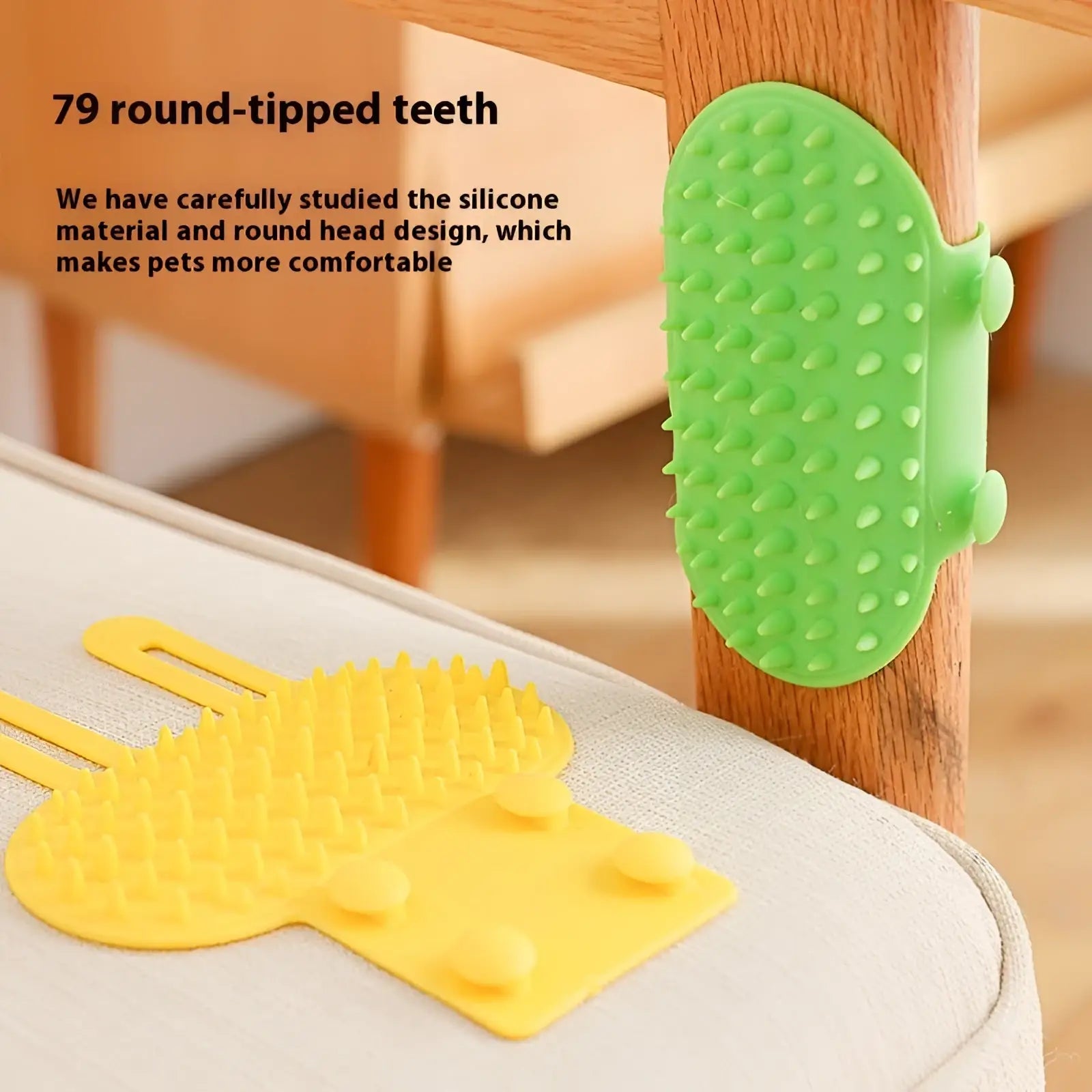 Green silicone cat massage comb with 79 round-tipped teeth attached to a wooden chair leg for self grooming