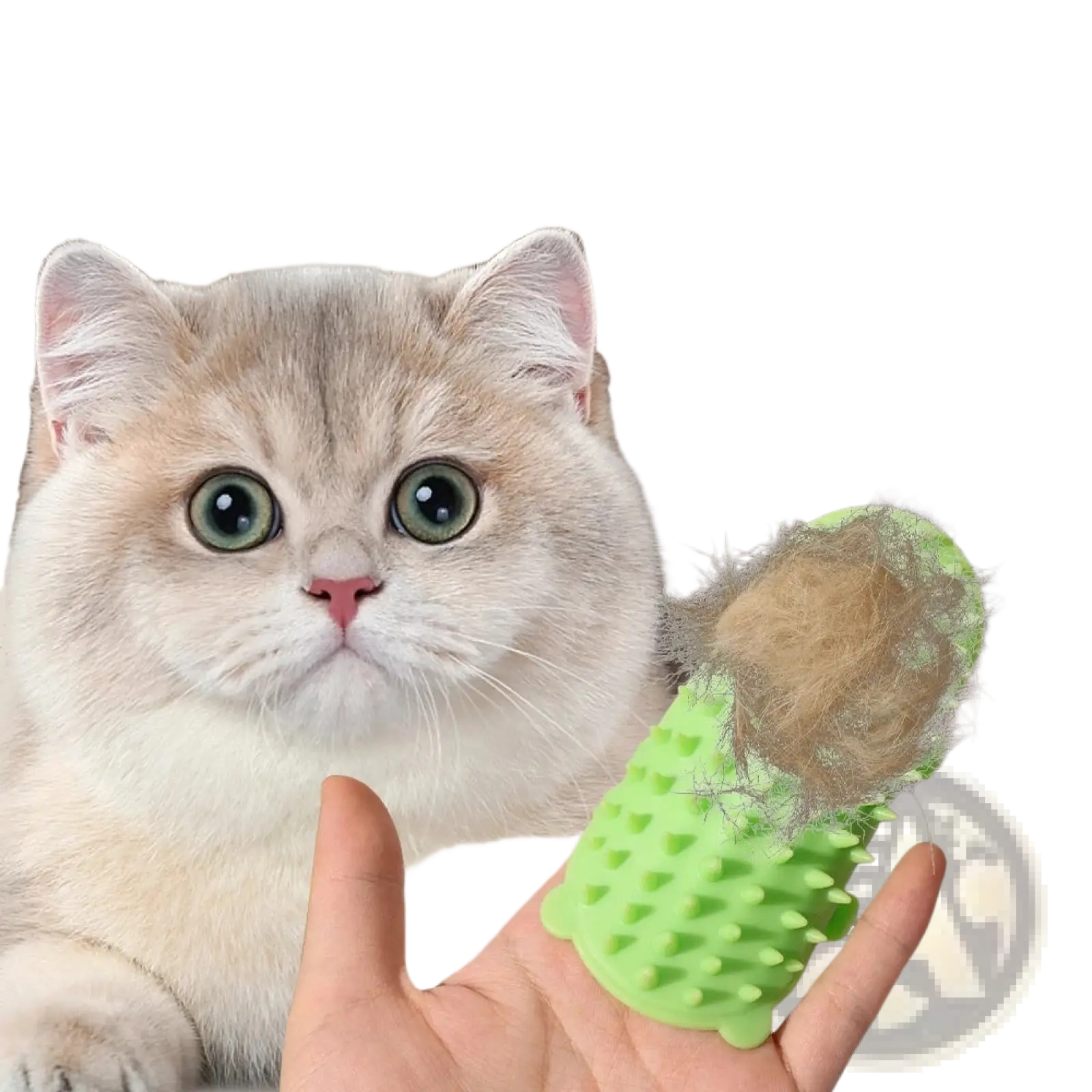 Green silicone cat massage comb with bristles and collected fur for self grooming and pet massage