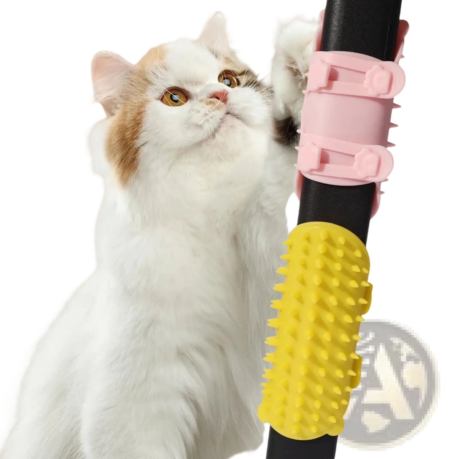 Pink and yellow silicone cat massage comb with black handle designed for self grooming and fur massage
