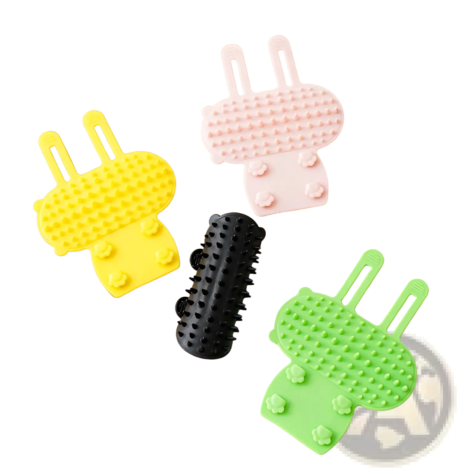 Cat massage comb silicone self grooming brush with yellow pink green and black bunny shapes and textured surfaces for massaging