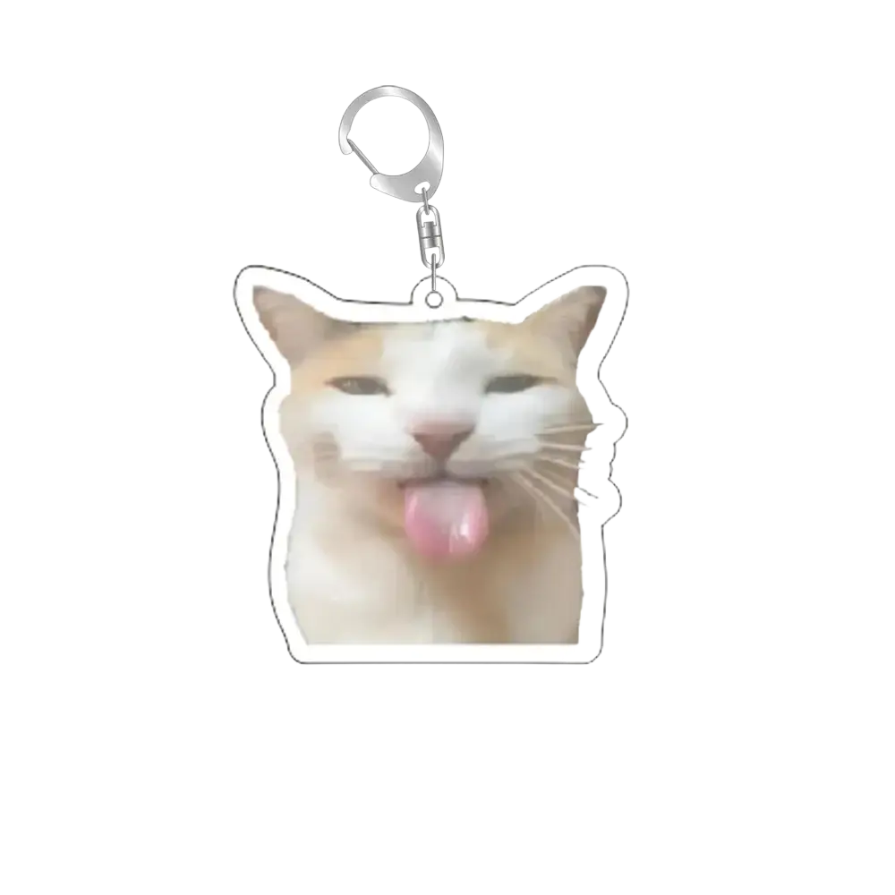 Clear acrylic cat meme keychain featuring a smiling cream and white cat with tongue out attached to silver clasp