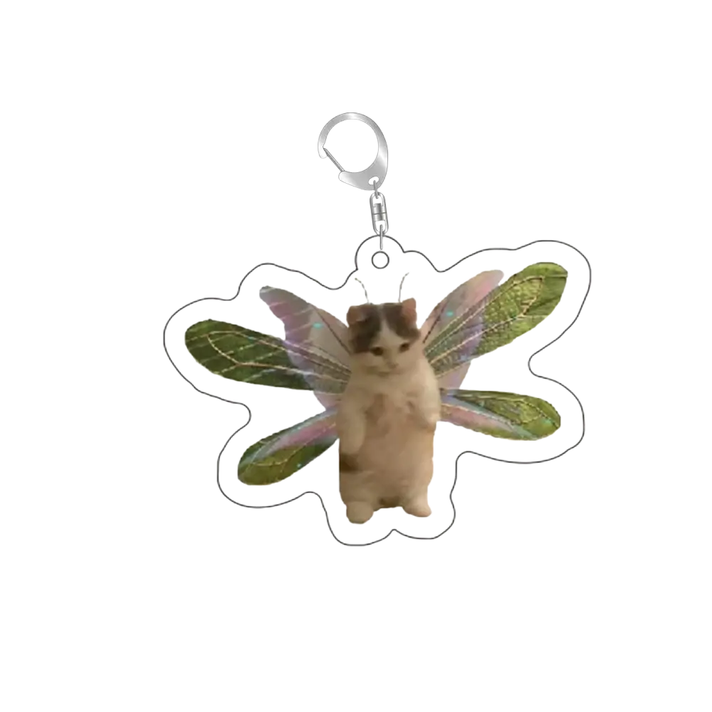 Clear acrylic cat meme keychain with cute cat and green pink translucent wings on front side