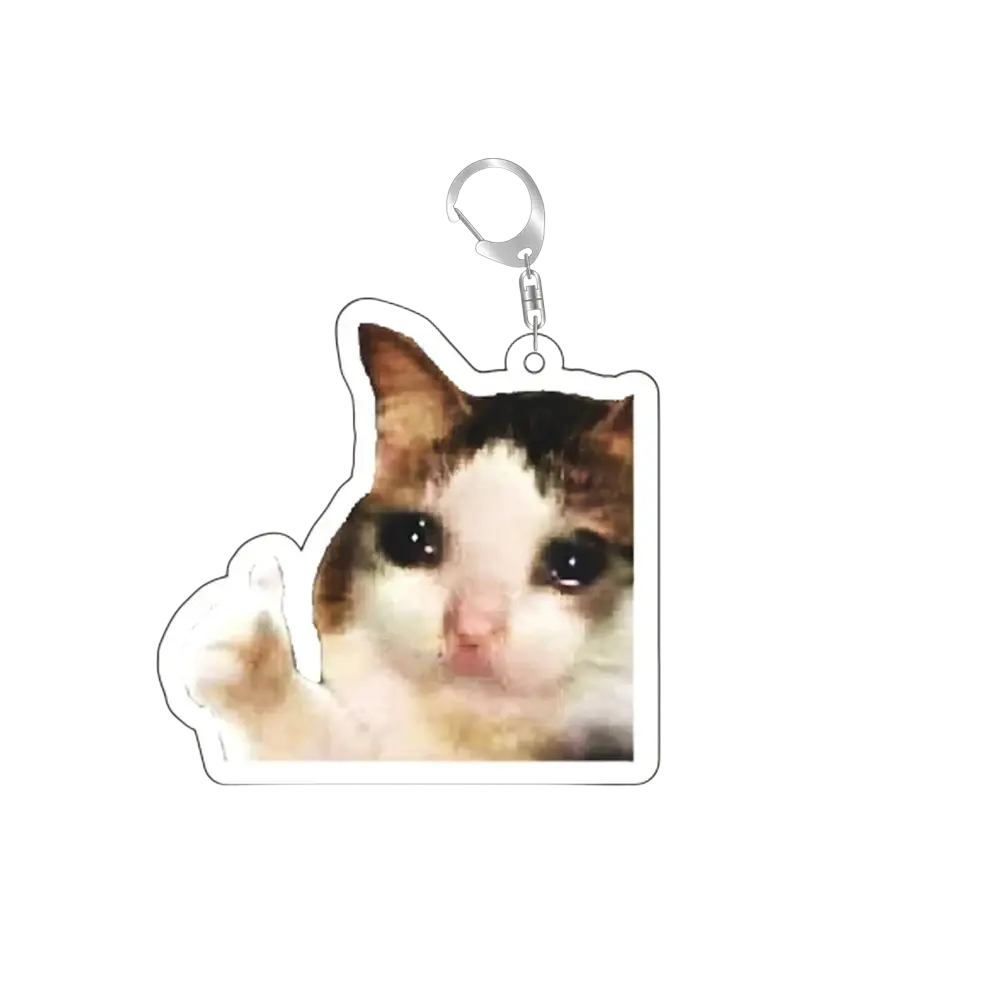 A clear acrylic cat meme keychain featuring a cute cat with wide eyes and a raised paw giving a thumbs-up gesture