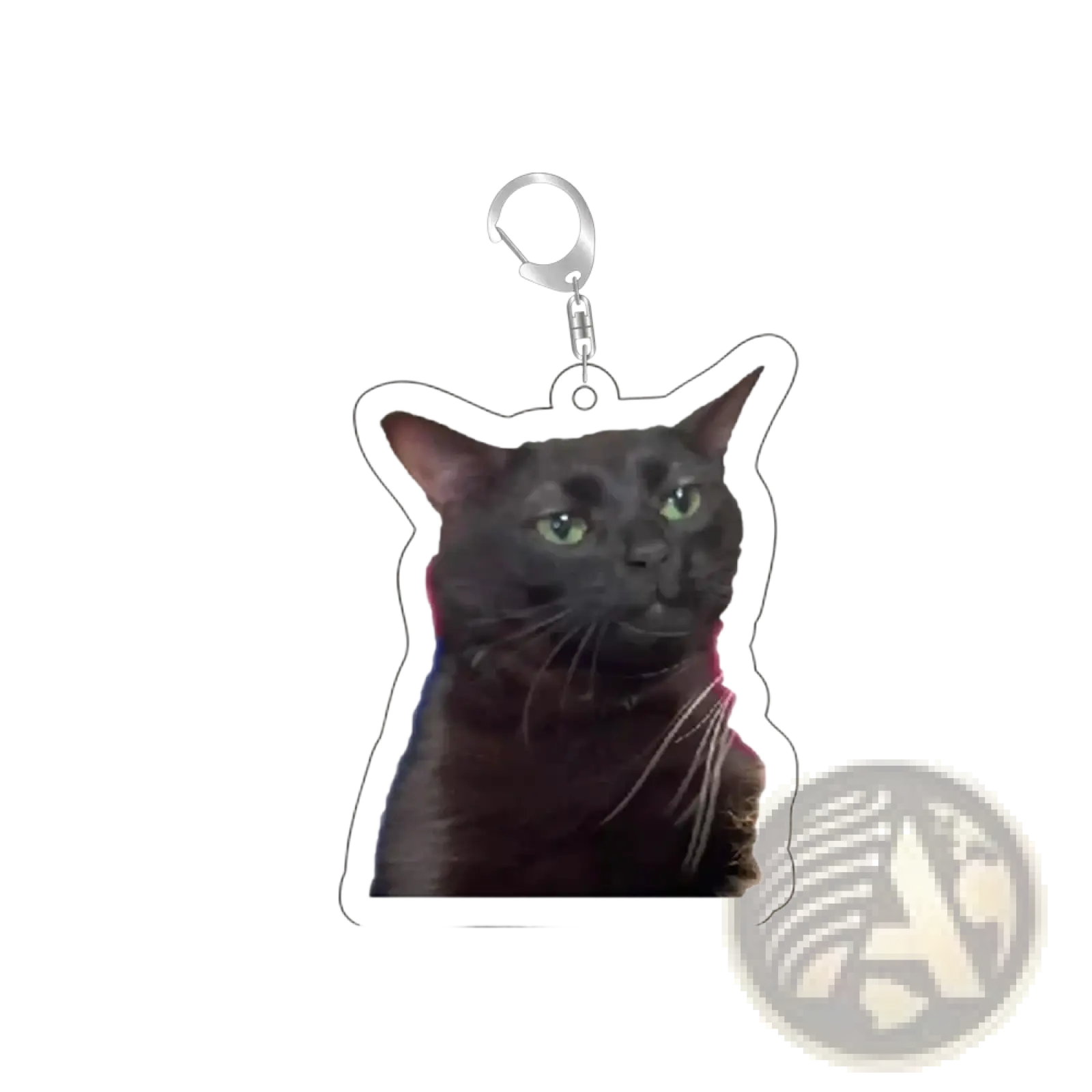Black cat-shaped acrylic keychain with green eyes and silver metal clasp from Cat Meme Acrylic Keychain collection
