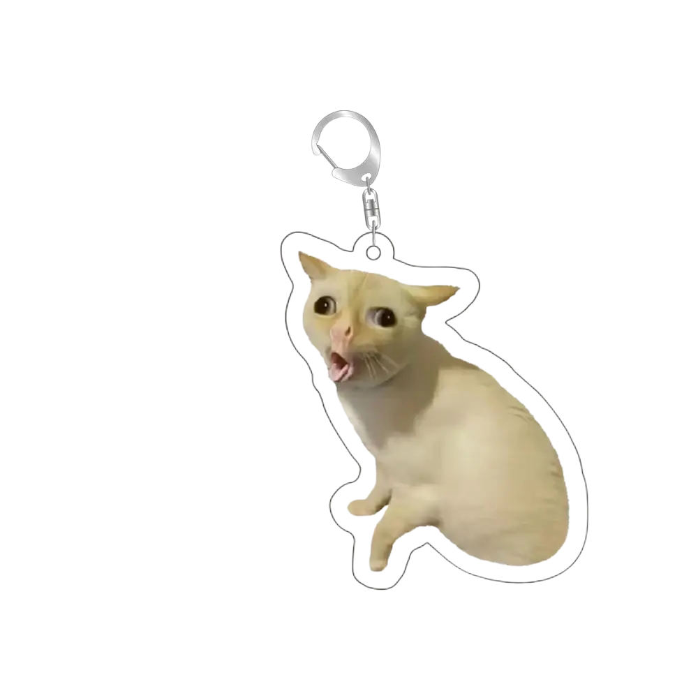 Cat meme acrylic keychain featuring a beige translucent cat with wide eyes and open mouth attached to a silver clip