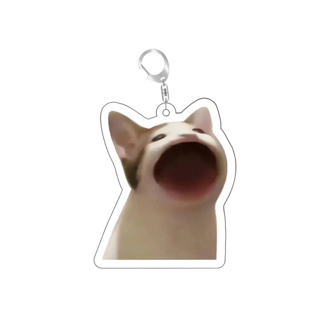 A translucent acrylic cat meme keychain featuring a cartoon cat with an open-mouthed expression in beige and brown tones