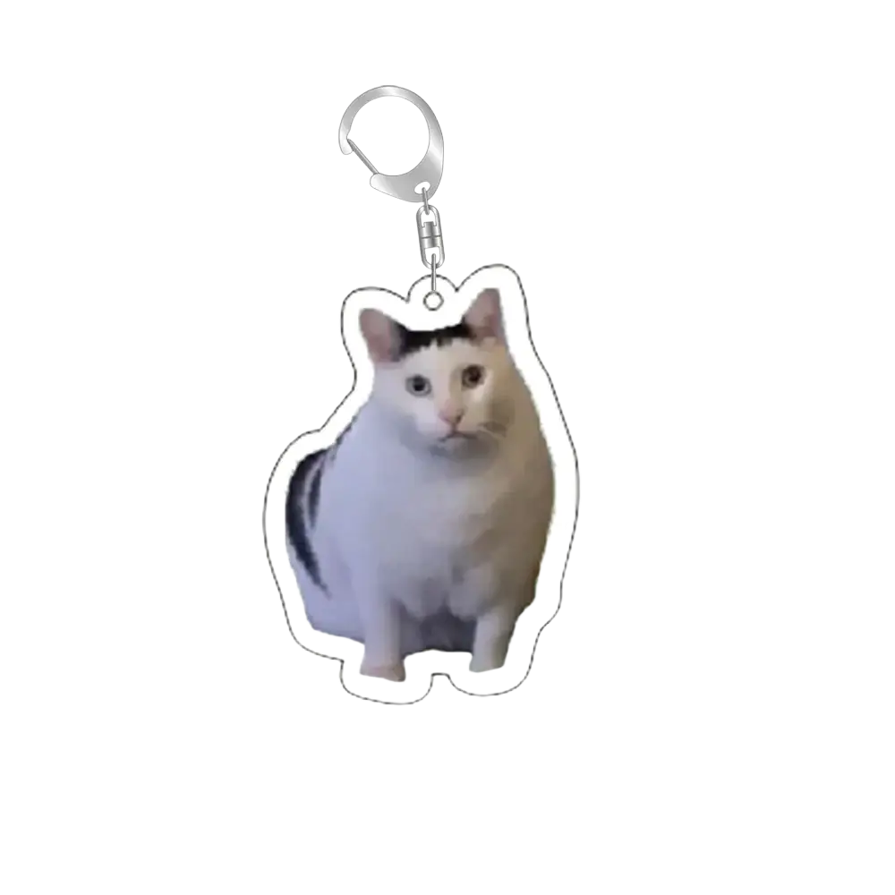 A white and black cat meme acrylic keychain with a silver metal clasp for keys or bags
