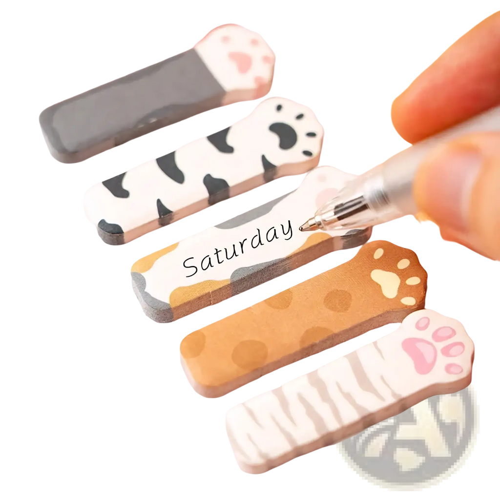 Cat memo pad and sticky notes set featuring cute cat paw-shaped notes in black-and-white cow print orange and zebra stripes