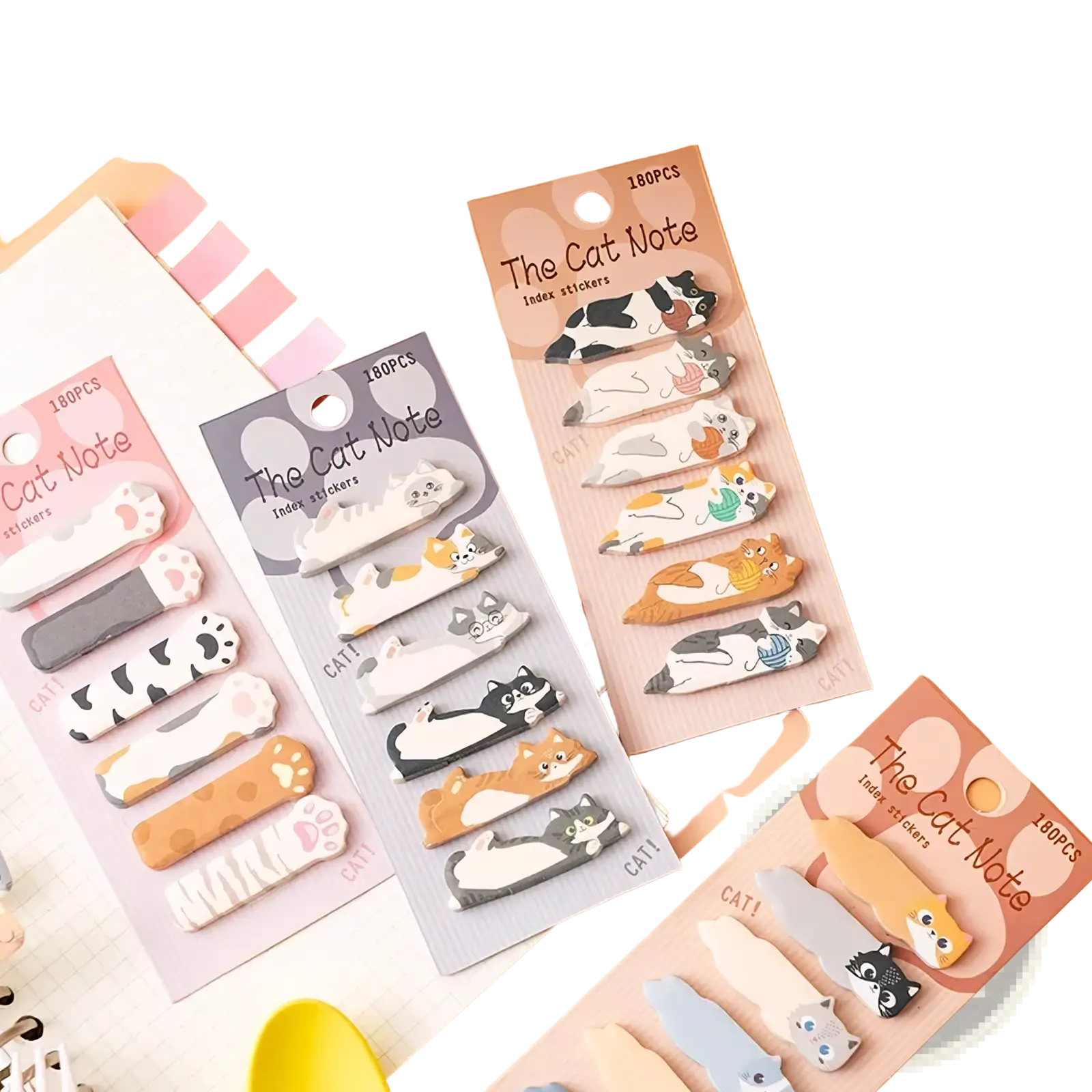 Cat memo pad and sticky notes set featuring cute cat-shaped pastel and neutral tone index stickers on colorful backing
