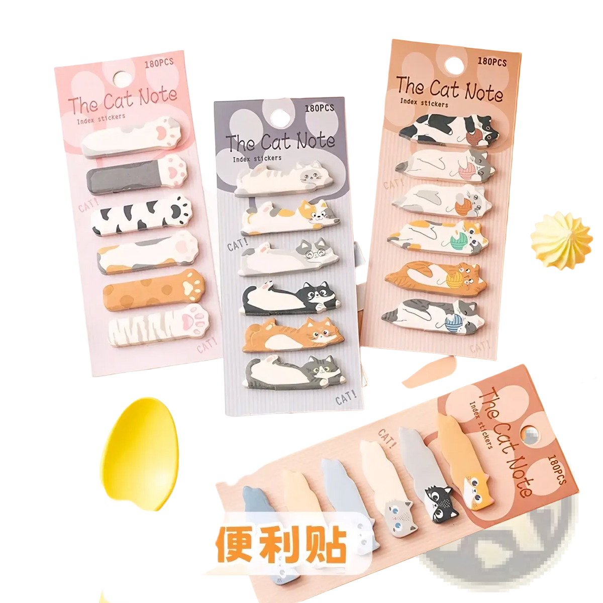 Cute cat-shaped index stickers in pastel and solid colors on branded cards from cat memo pad and sticky notes set