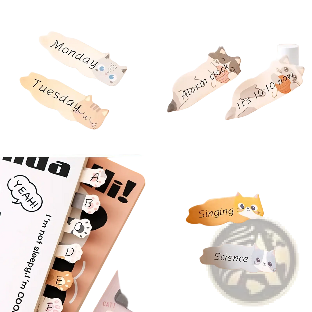 Cute cat-shaped paper stickers in pastel colors with playful text from the cat memo pad and sticky notes set