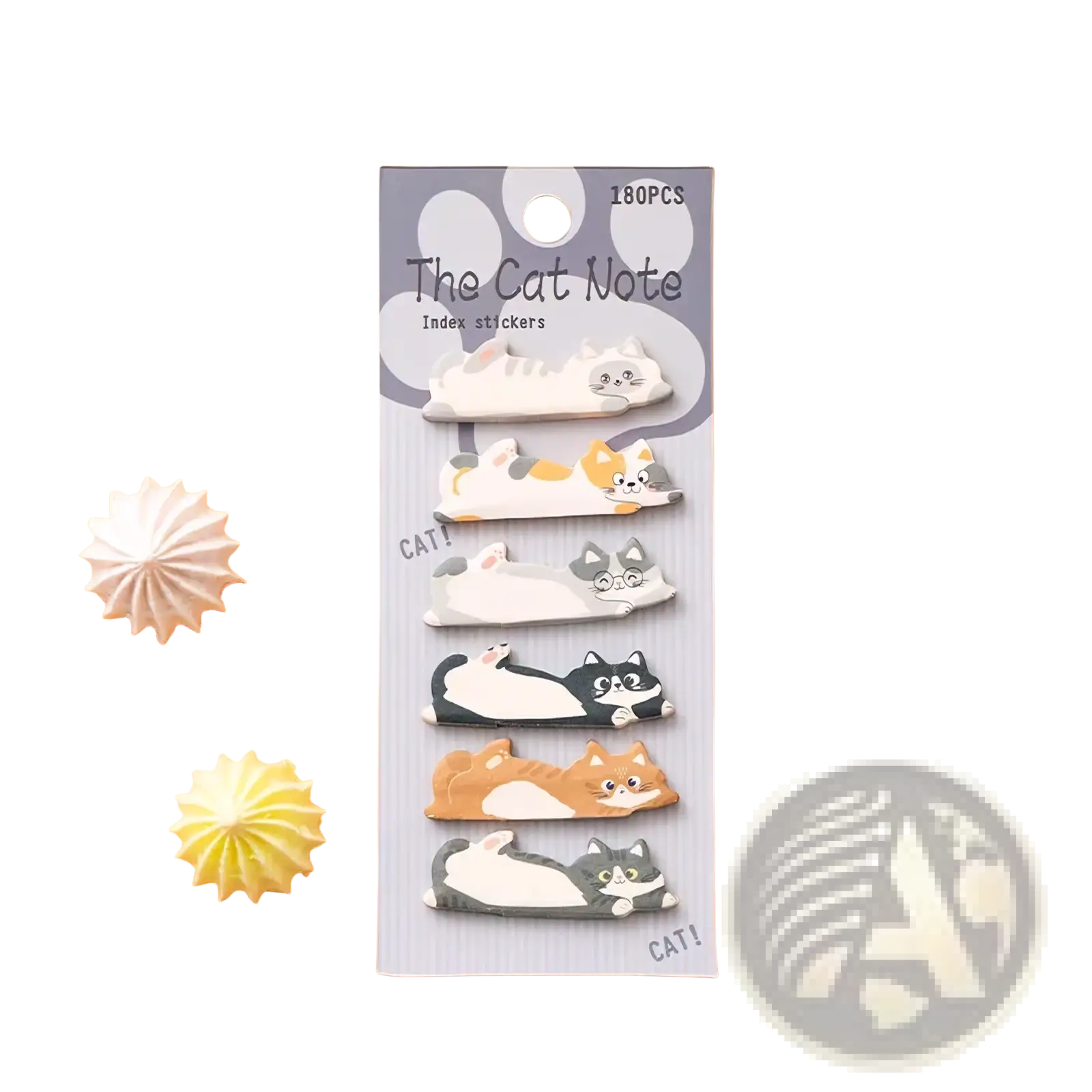A cat memo pad and sticky notes set featuring 180 colorful cat-themed index stickers on a gray paw print card