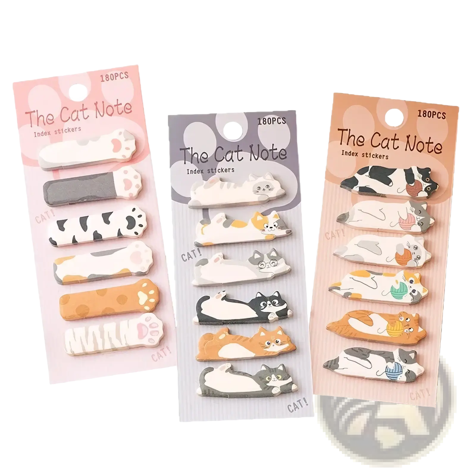 Three packages of the cat note index stickers featuring 180 colorful cat themed adhesive tabs for organizing notes