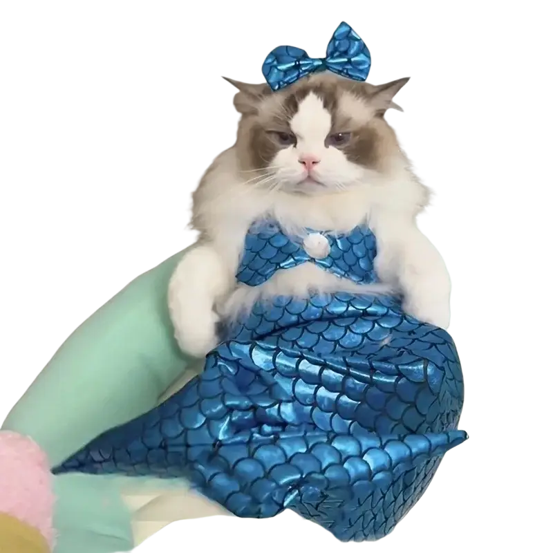 Blue mermaid cat costume with shiny scale pattern and matching bow made of dacron for pet apparel