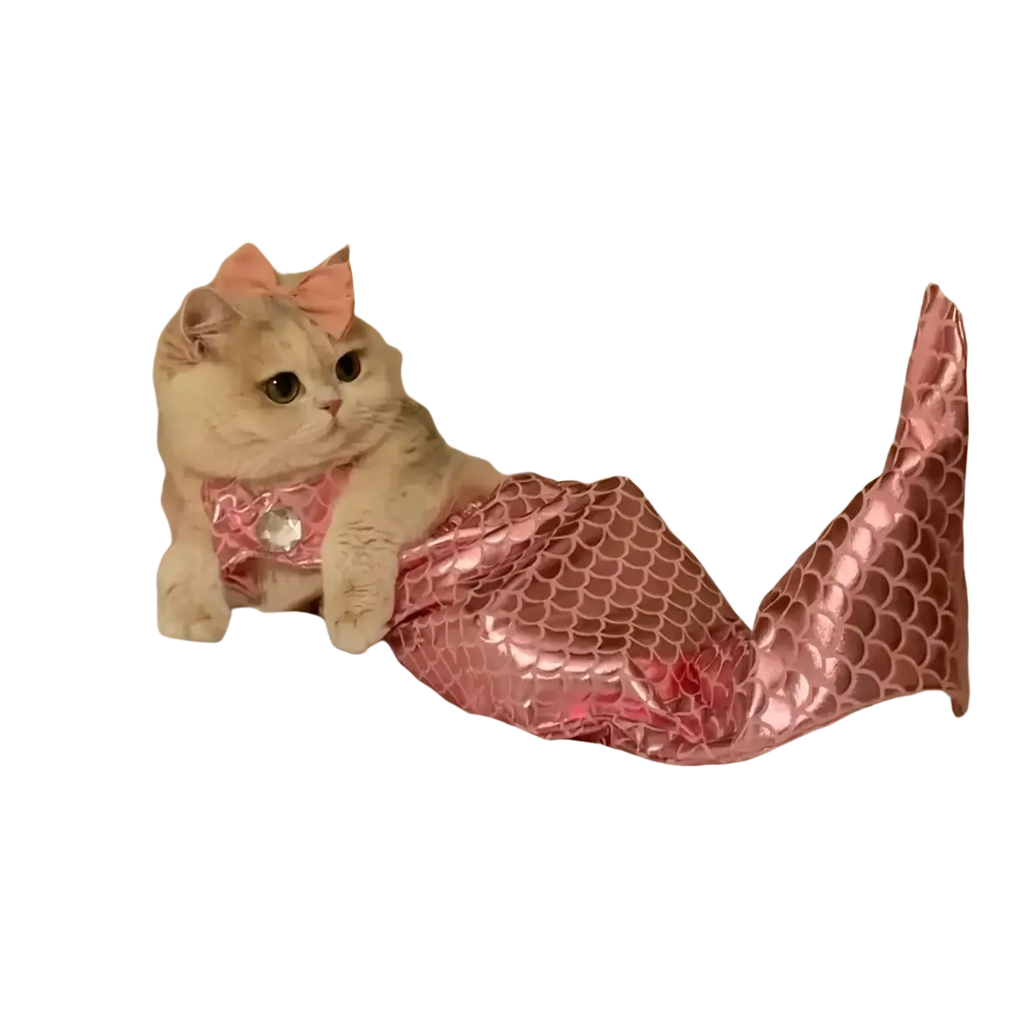 A fluffy cream-colored cat wearing a cream mermaid tail costume with scalloped Dacron scales and a matching bow