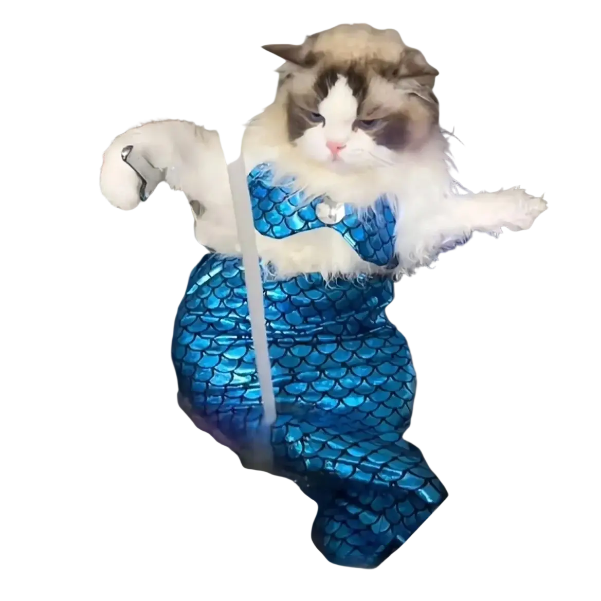 A fluffy cat wearing a shiny blue dacron mermaid costume with scale patterns sitting in a sink under running water