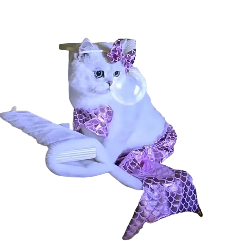 A fluffy white cat wearing a shimmering purple dacron mermaid tail costume with matching bow pet apparel