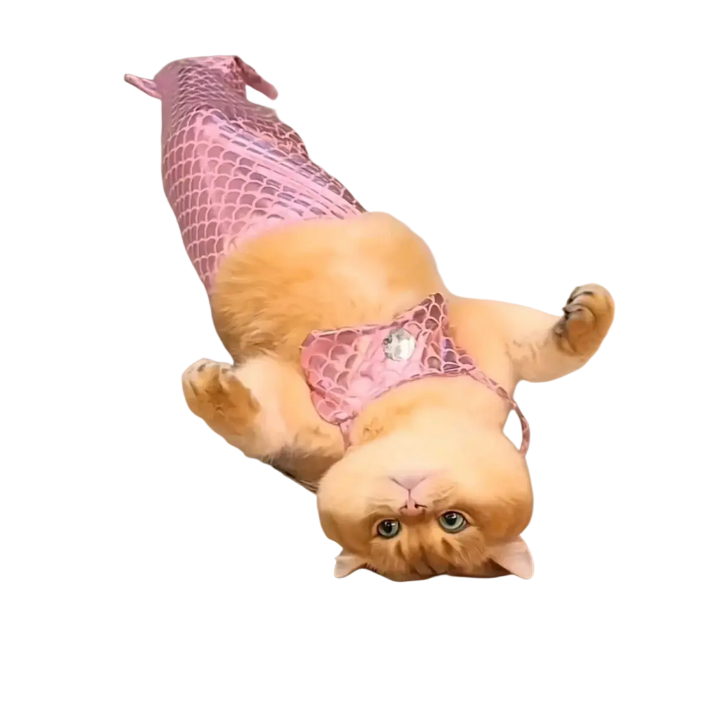 A ginger cat wearing a pink mermaid tail costume with scalloped scales and a gemstone-adorned harness made of dacron