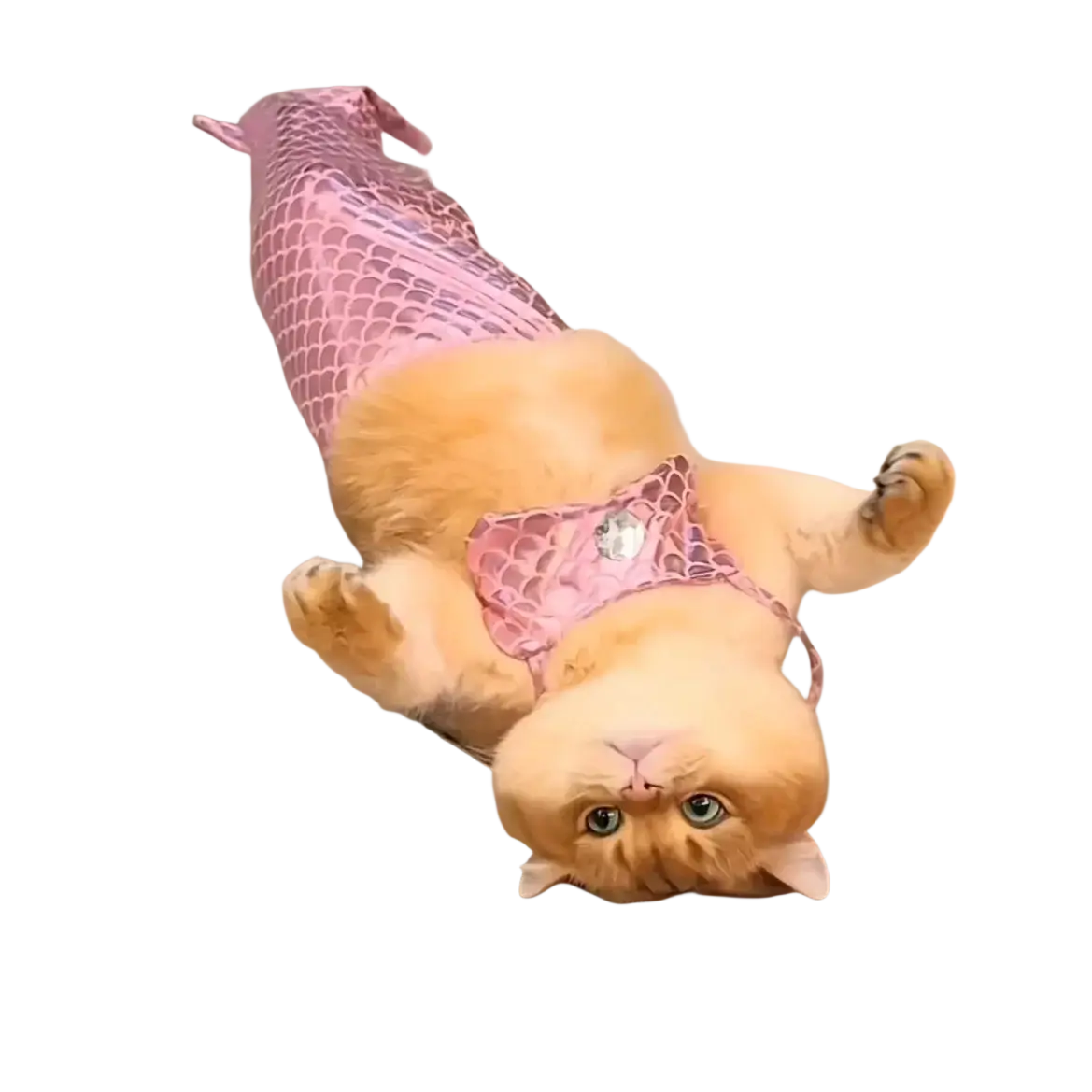 A ginger cat wearing a pink mermaid tail costume with scalloped scales and a gemstone-adorned harness made of dacron