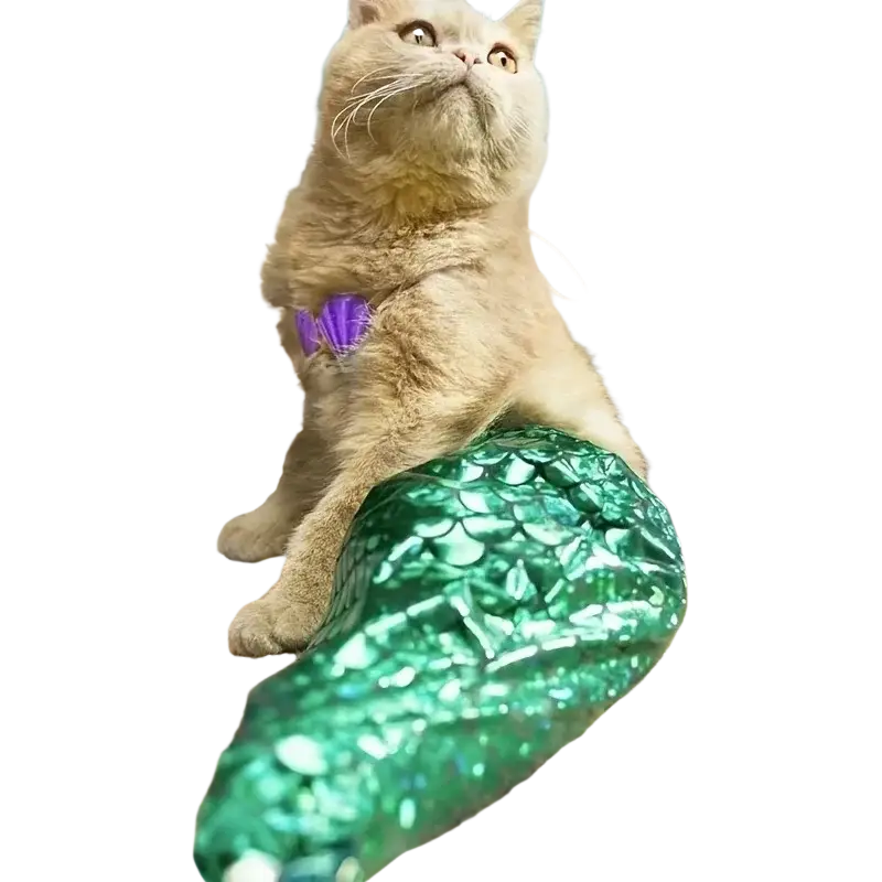 Cat mermaid costume dacron pet apparel featuring a shimmering green scale-textured tail on a cat’s body