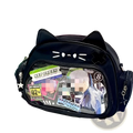 Black cat-ear crossbody bag with clear front ita panel displaying stickers and photos in a cat messenger style