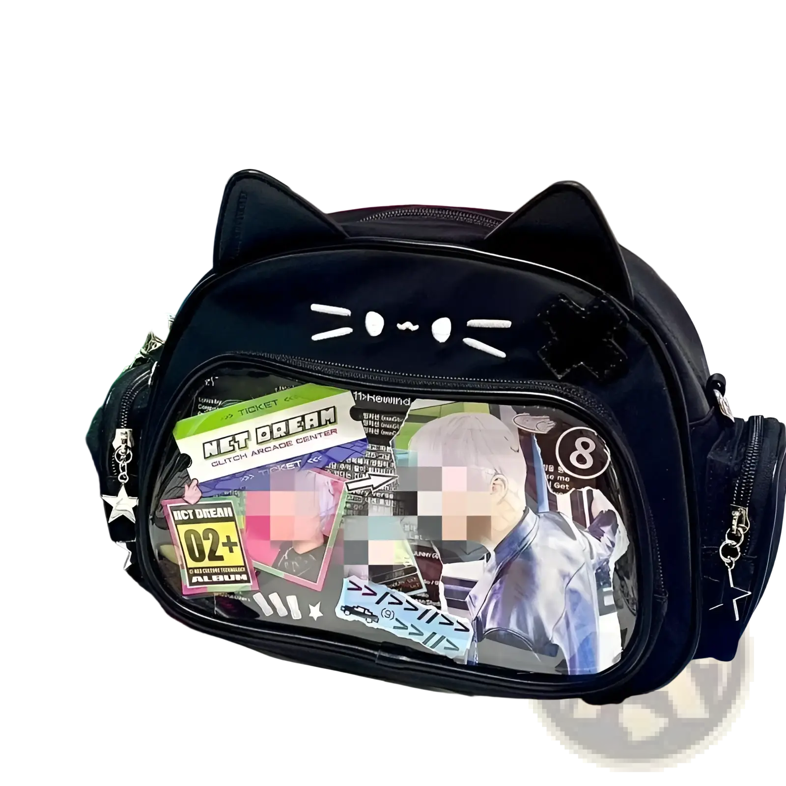 Black cat-ear crossbody bag with clear front ita panel displaying stickers and photos in a cat messenger style