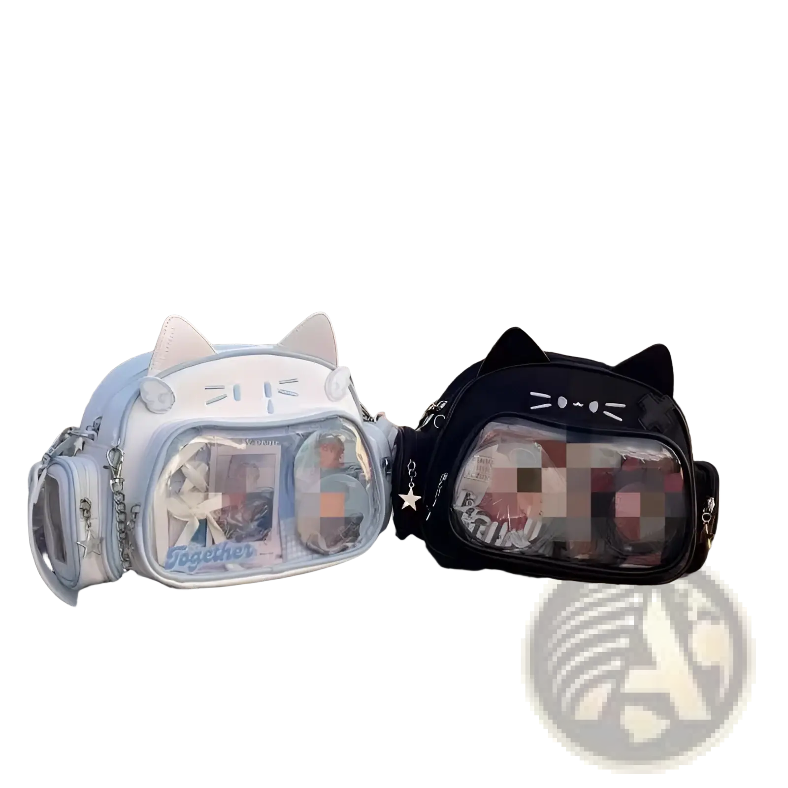 White and black cat messenger bags with clear ita panel crossbody design displaying photos inside