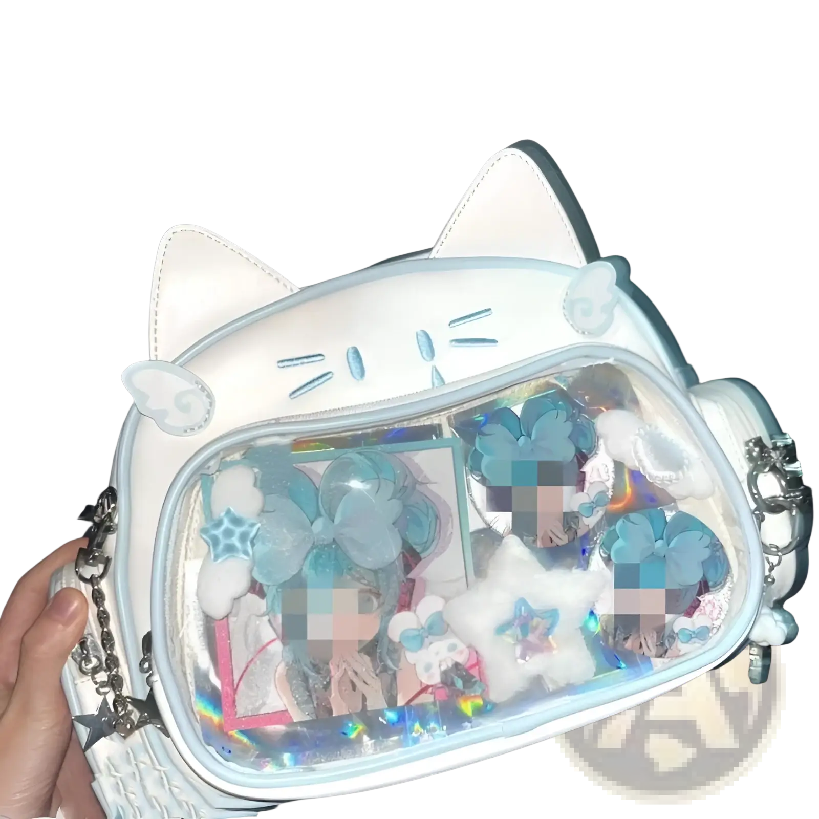 A white cat messenger crossbody bag with a clear ita panel filled with blue and silver glittery charms