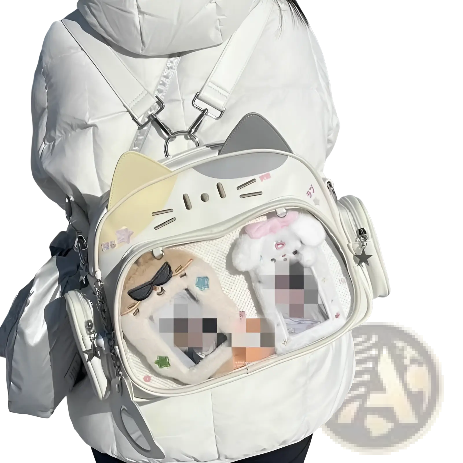 White cat messenger bag with clear ita panel front and soft plush ears crossbody backpack for daily use