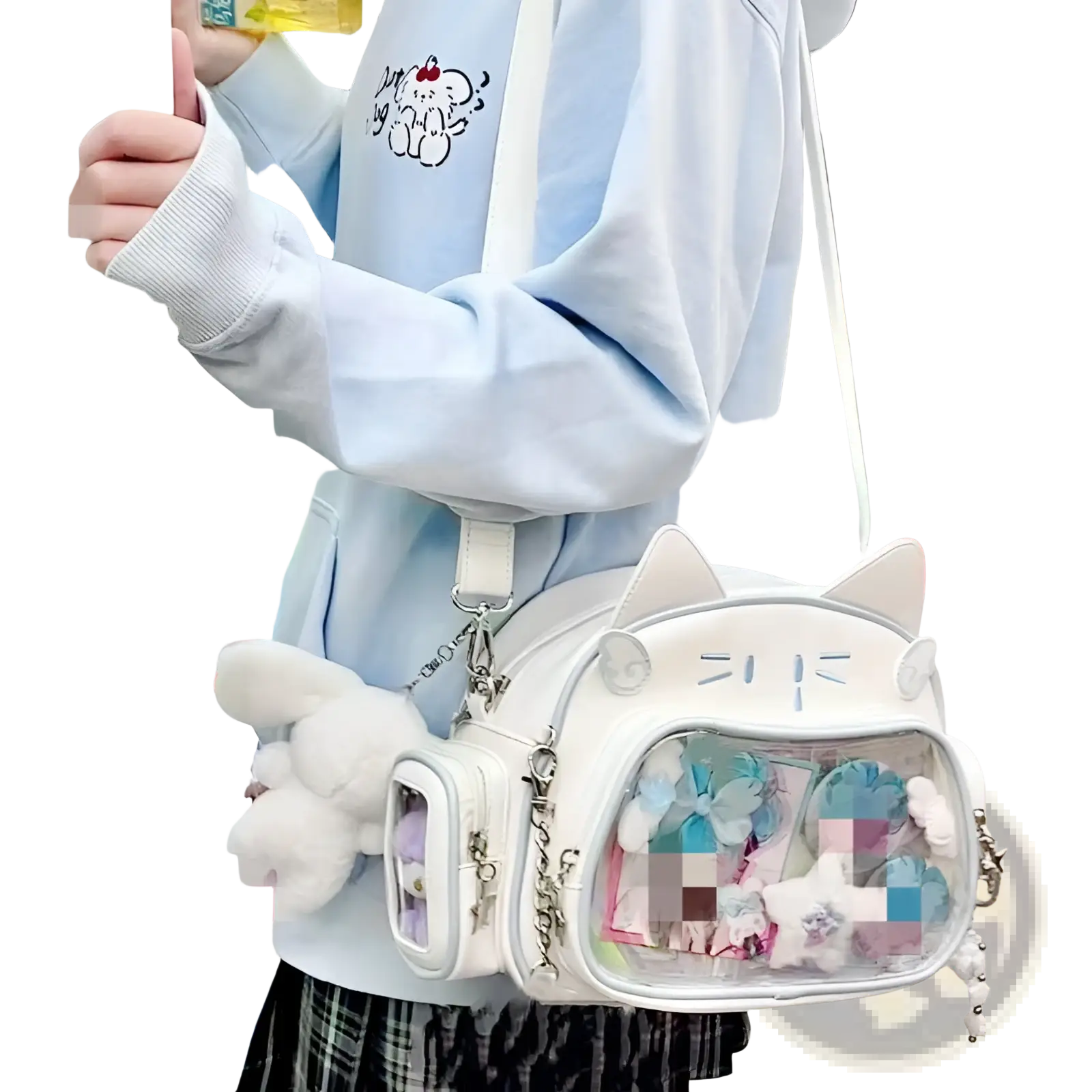 White cat-shaped crossbody bag with clear front panel and plush accessories for stylish everyday use