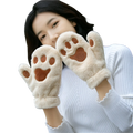 Cream-colored fluffy cat paw plush winter mittens with brown embroidered pads designed as fuzzy warm gloves