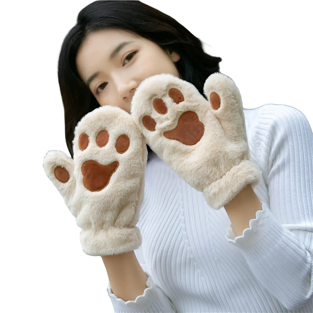 Cream-colored fluffy cat paw plush winter mittens with brown embroidered pads made of soft warm material